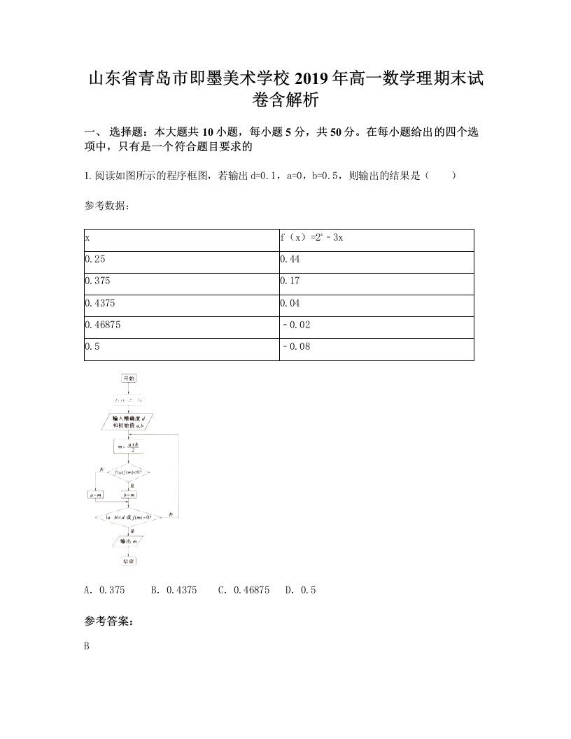 山东省青岛市即墨美术学校2019年高一数学理期末试卷含解析