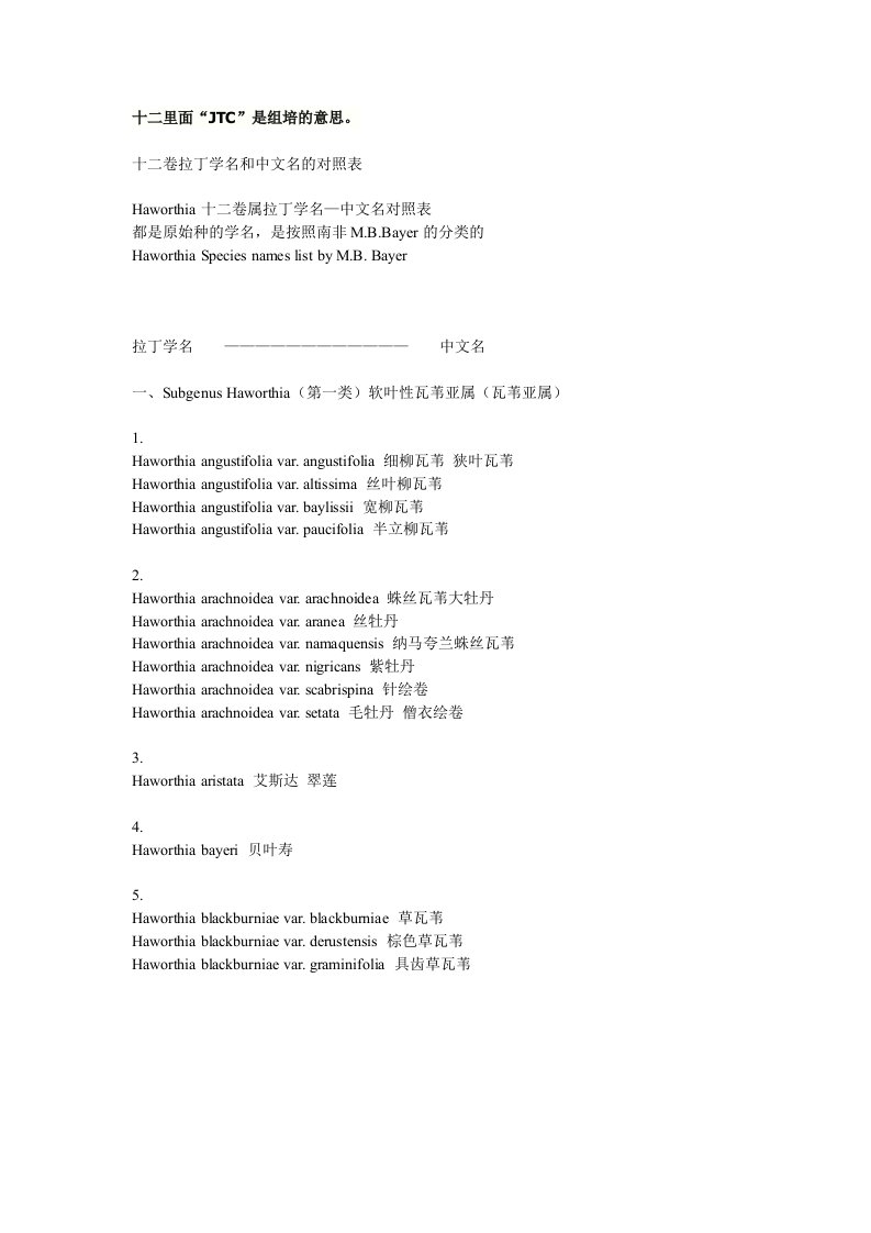 百合科十二卷拉丁文学名和中文名的对照表