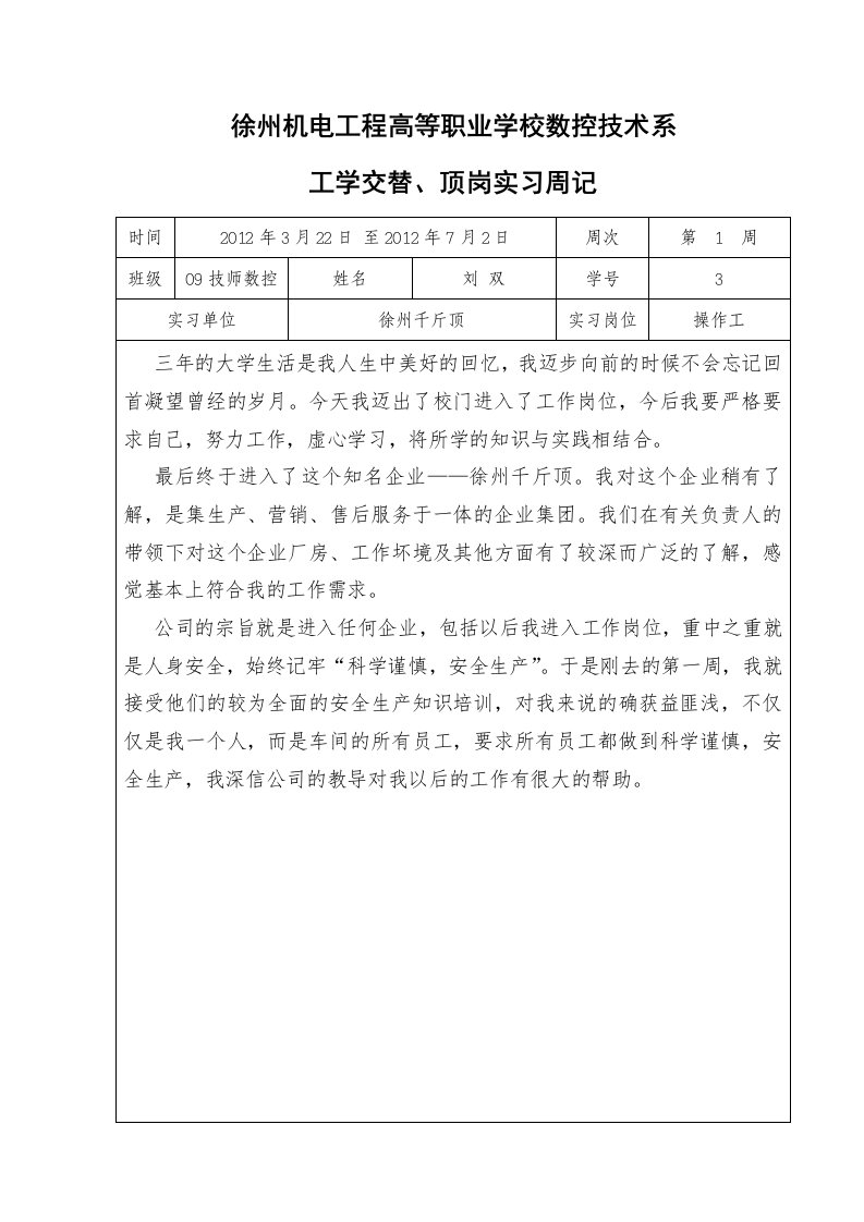 数控技术系数控专业学生顶岗实习周记大全