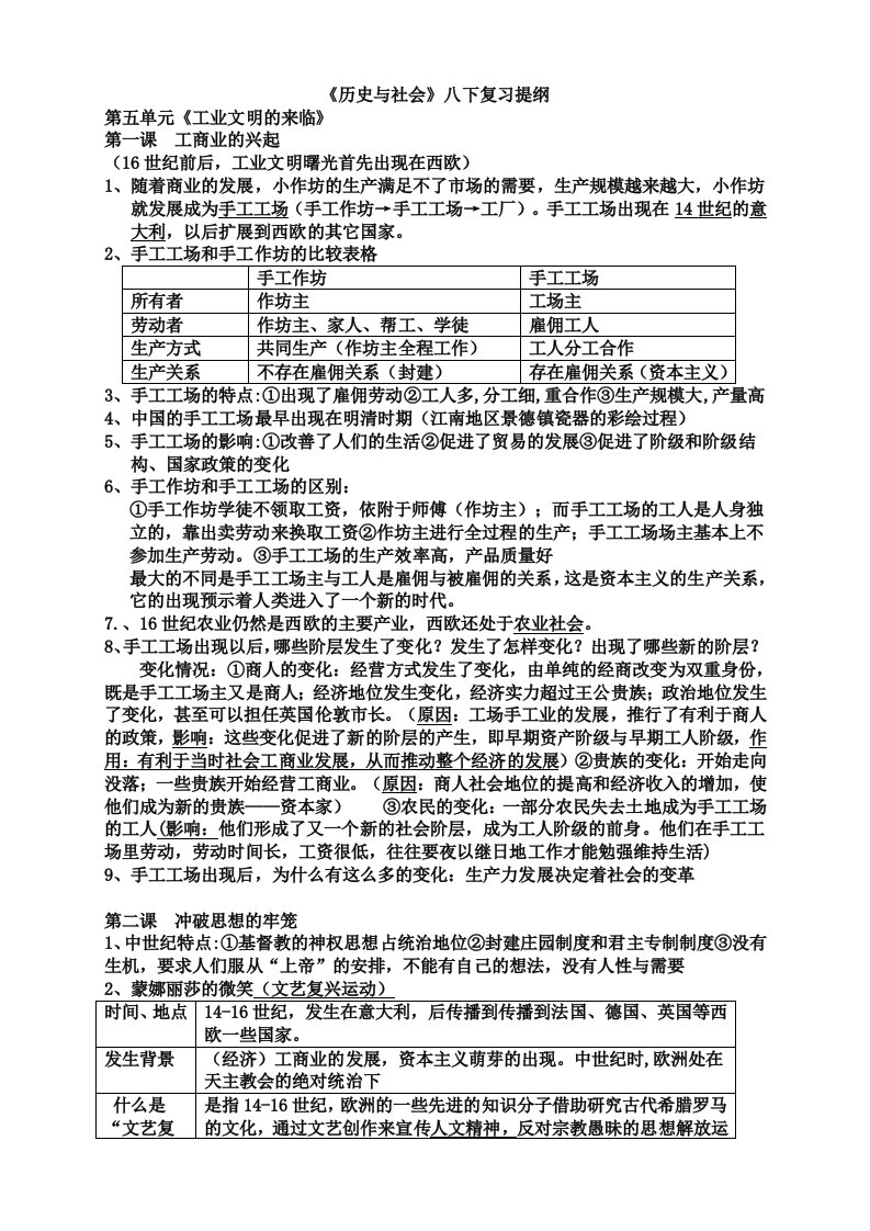 八下历史与社会浙教版复习提纲