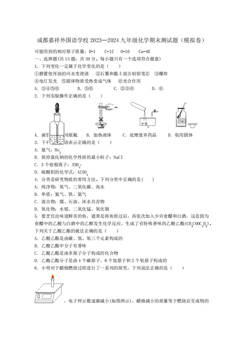 四川省成都市2023—2024学年九年级上学期化学期末测试题(含答案)