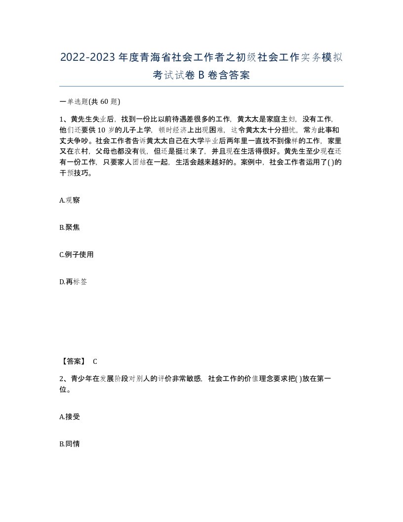 2022-2023年度青海省社会工作者之初级社会工作实务模拟考试试卷B卷含答案