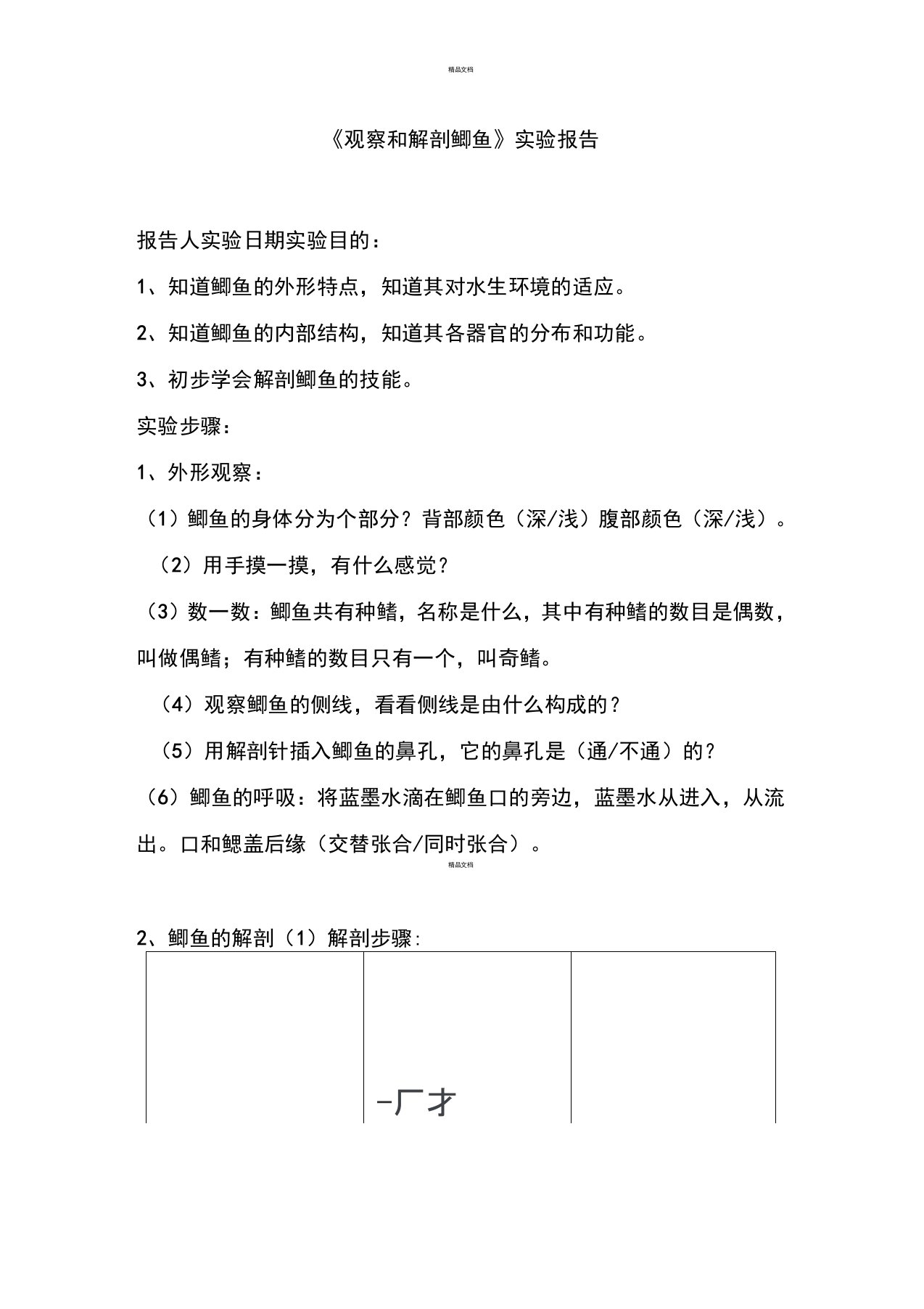 《观察和解剖鲫鱼》实验报告