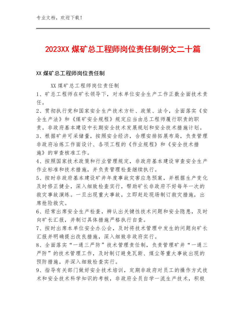 2023XX煤矿总工程师岗位责任制例文二十篇