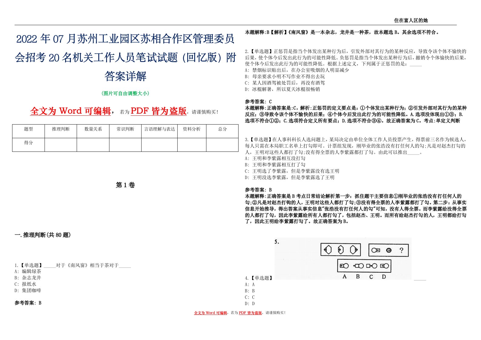 2022年07月苏州工业园区苏相合作区管理委员会招考20名机关工作人员笔试试题（回忆版）附答案详解