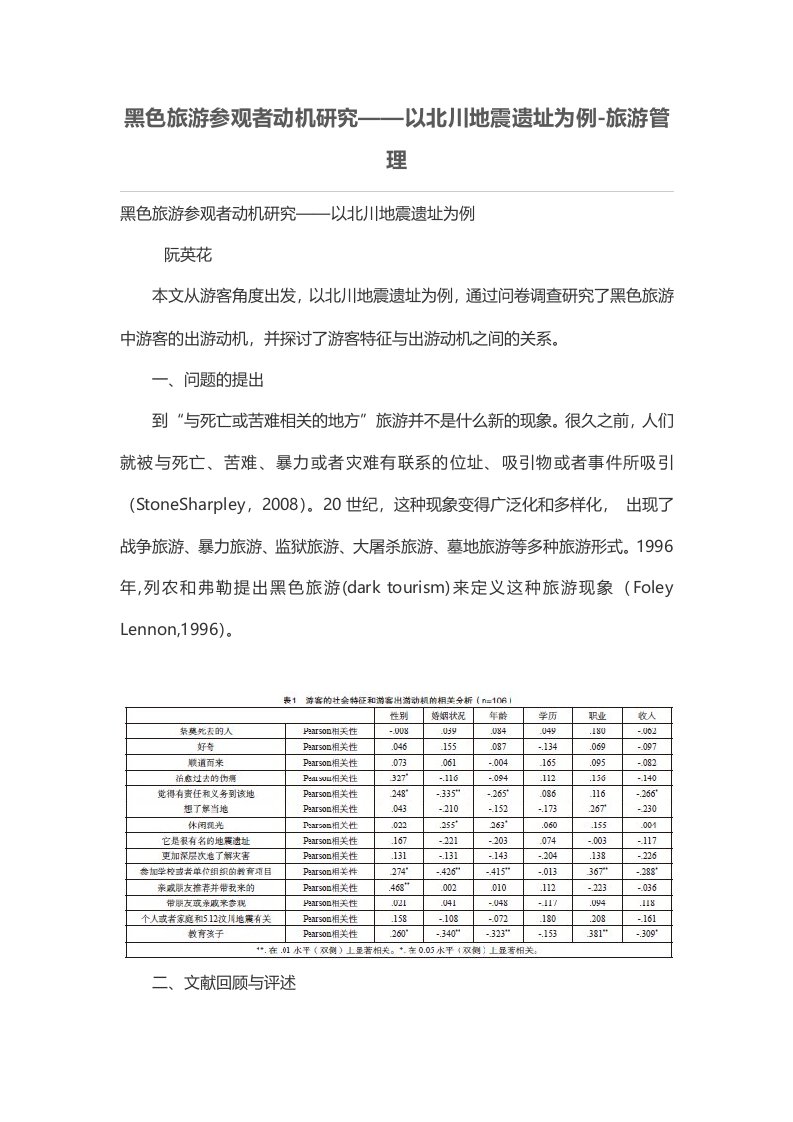 黑色旅游参观者动机研究——以北川地震遗址为例