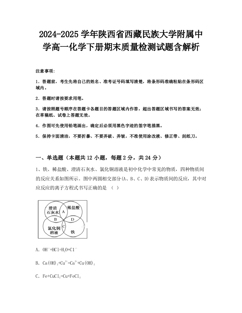 2024-2025学年陕西省西藏民族大学附属中学高一化学下册期末质量检测试题含解析