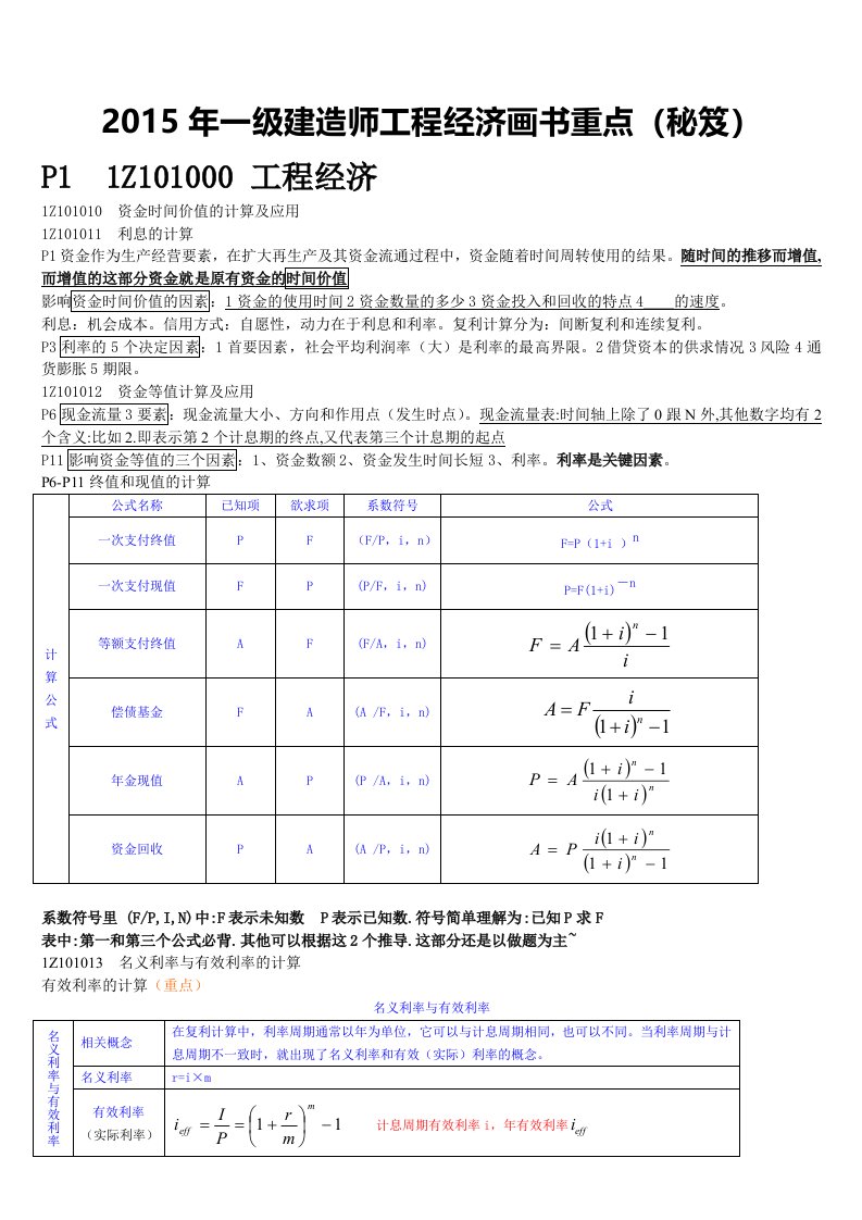 一级建造师工程经济画书重点(秘笈)