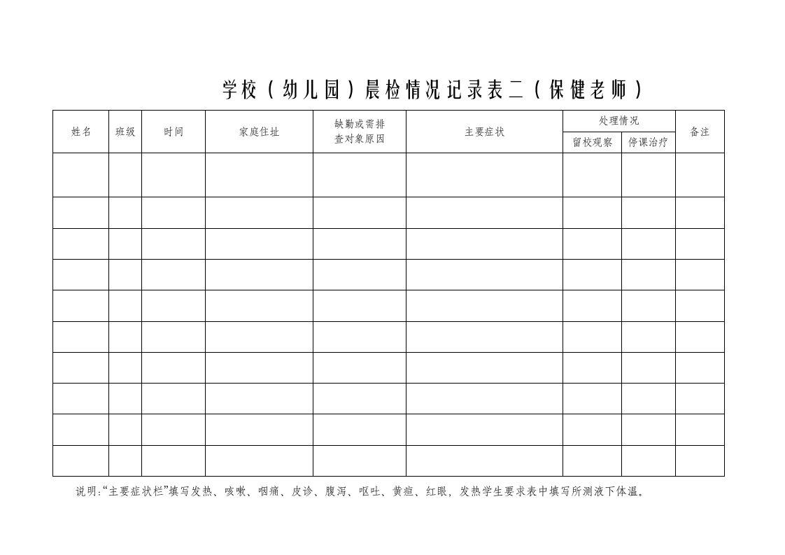 学校(幼儿园)晨检情况记录表(保健老师)