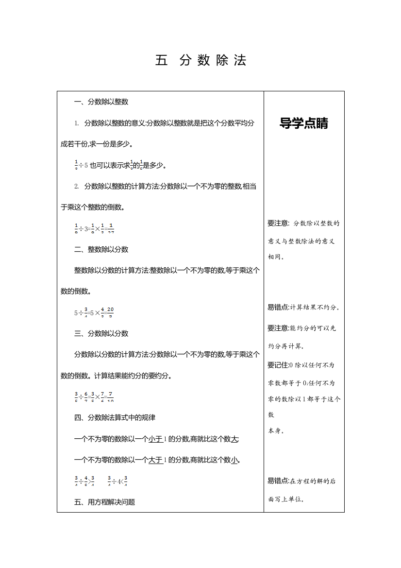 北师大版五年级数学下册第5单元《分数除法》单元复习知识清单