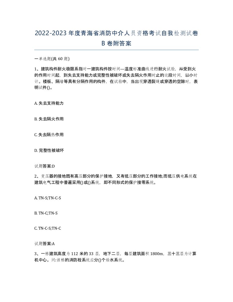 2022-2023年度青海省消防中介人员资格考试自我检测试卷B卷附答案