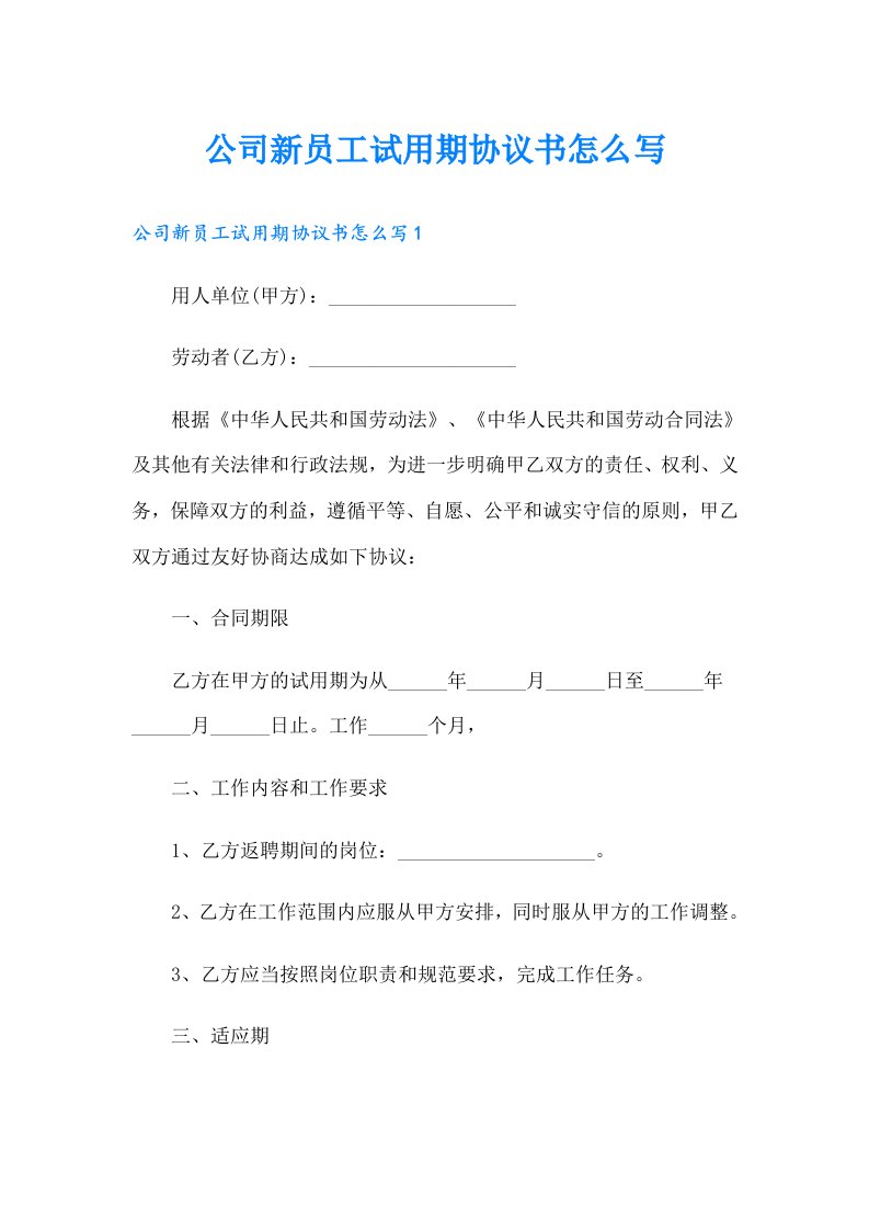 公司新员工试用期协议书怎么写