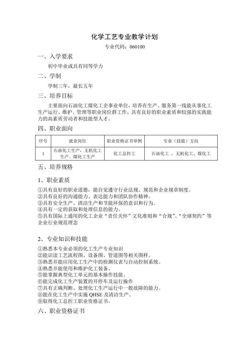 化学工艺中职专业教学计划