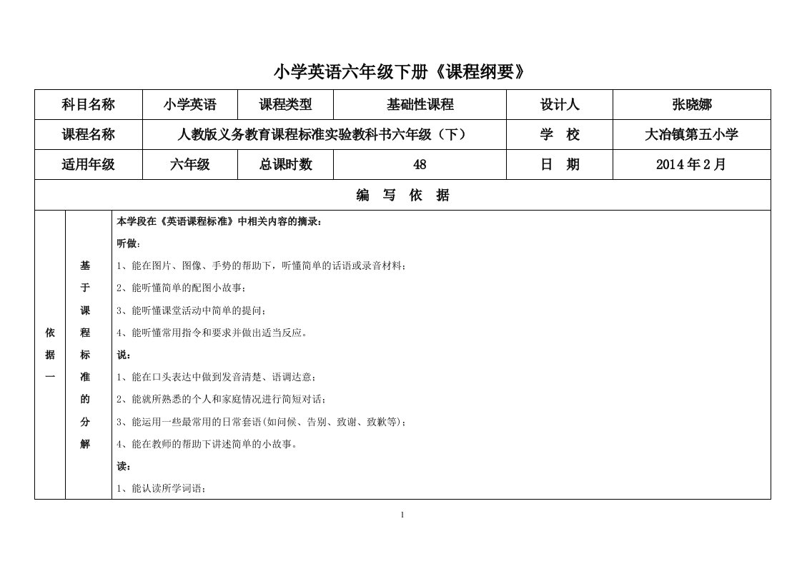 小学英语六年级下册课程纲要