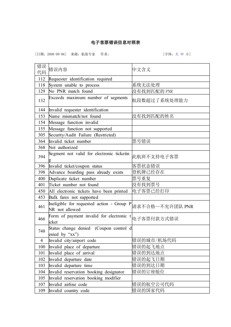 电子客票错误信息对照表