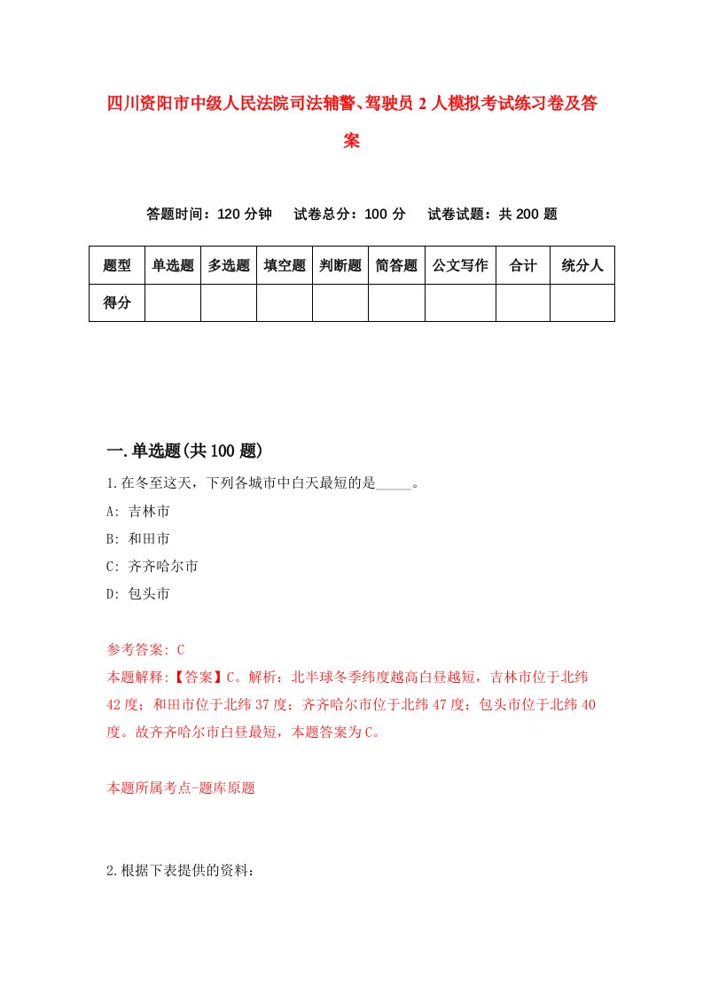 四川资阳市中级人民法院司法辅警驾驶员2人模拟考试练习卷及答案第7次