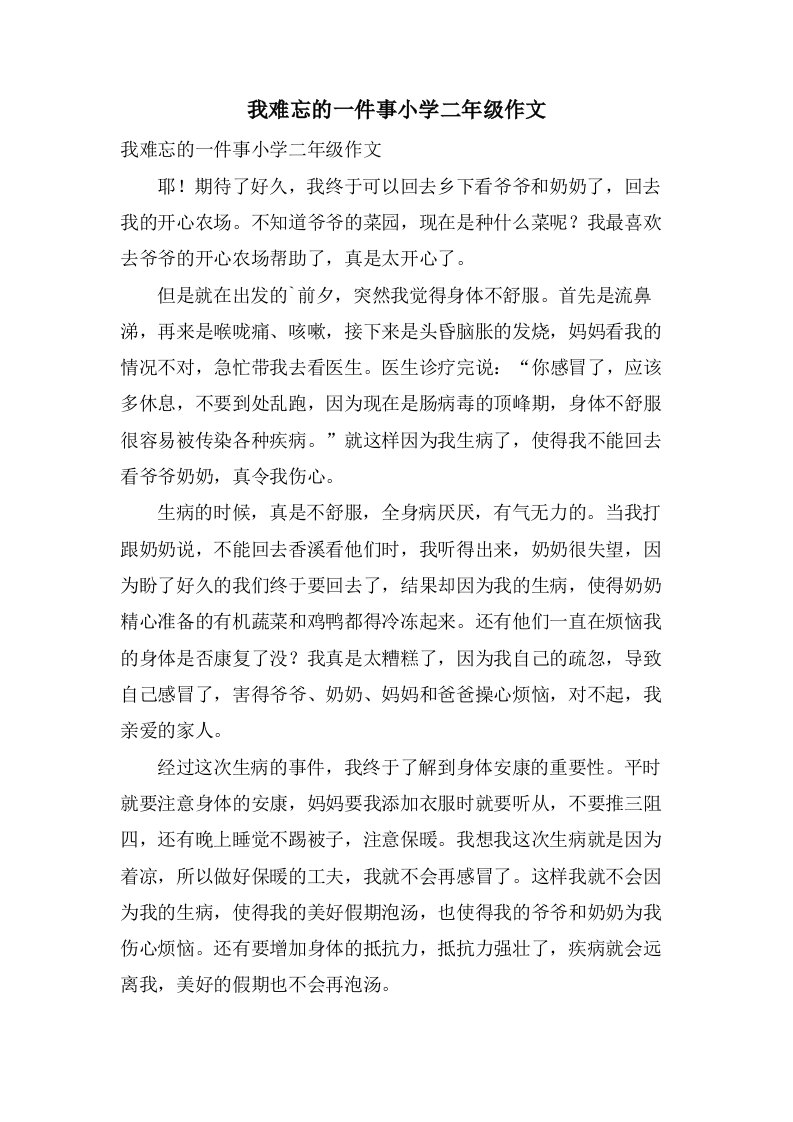 我难忘的一件事小学二年级作文