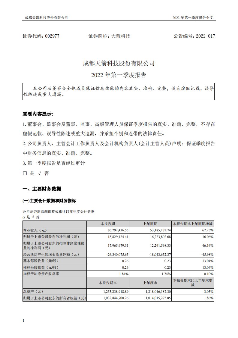 深交所-天箭科技：2022年一季度报告-20220415