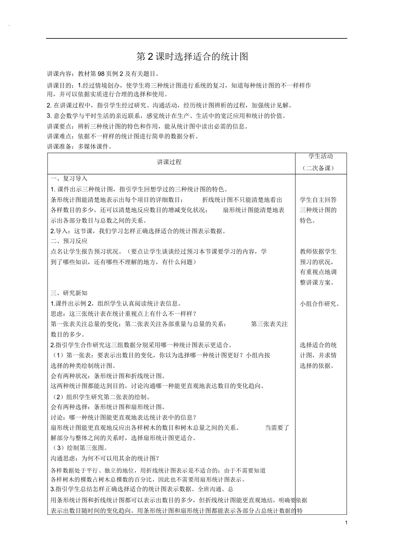 人教版小学数学六年级上册教案第2课时选择合适统计图