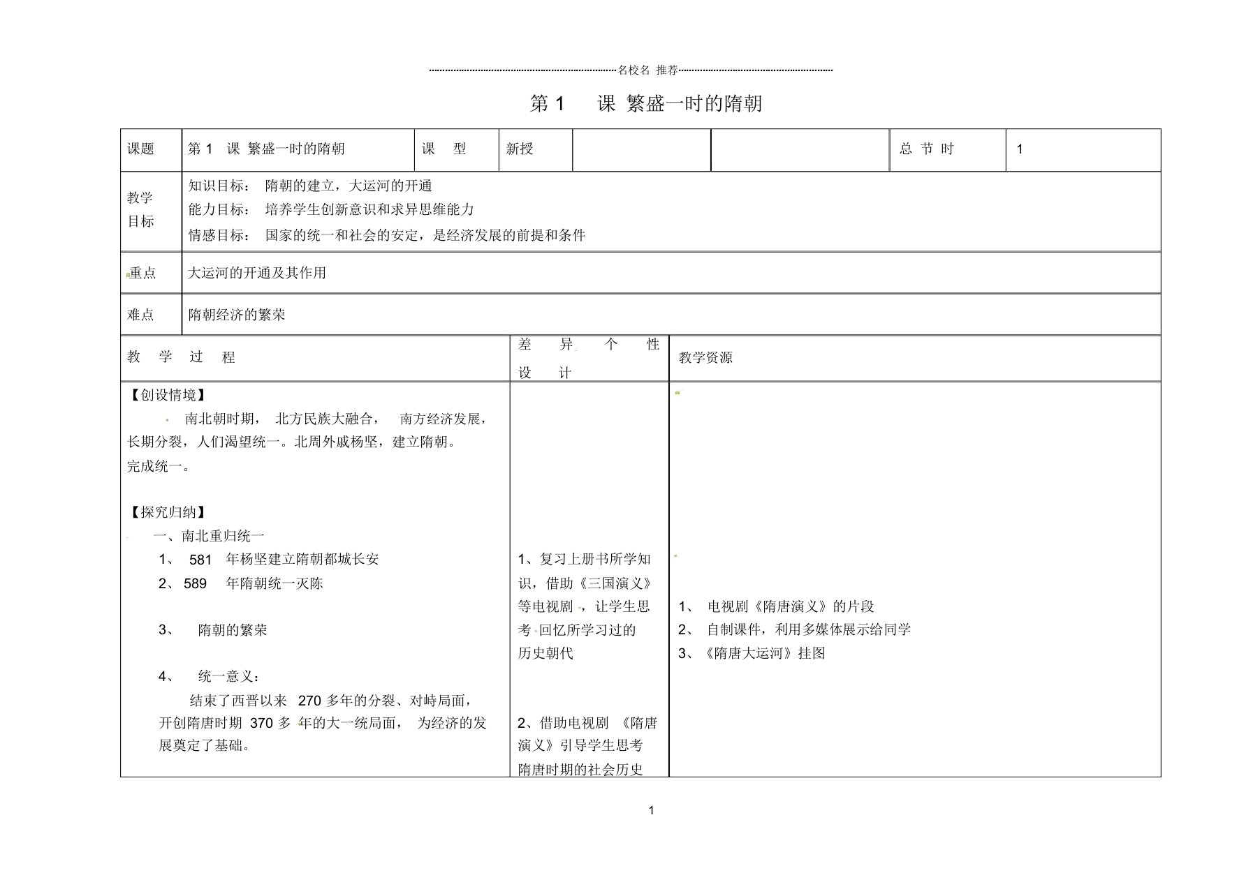 吉林省长春市第一零四中学初中七年级历史下册第1课繁盛一时的隋朝名师教案新人教版