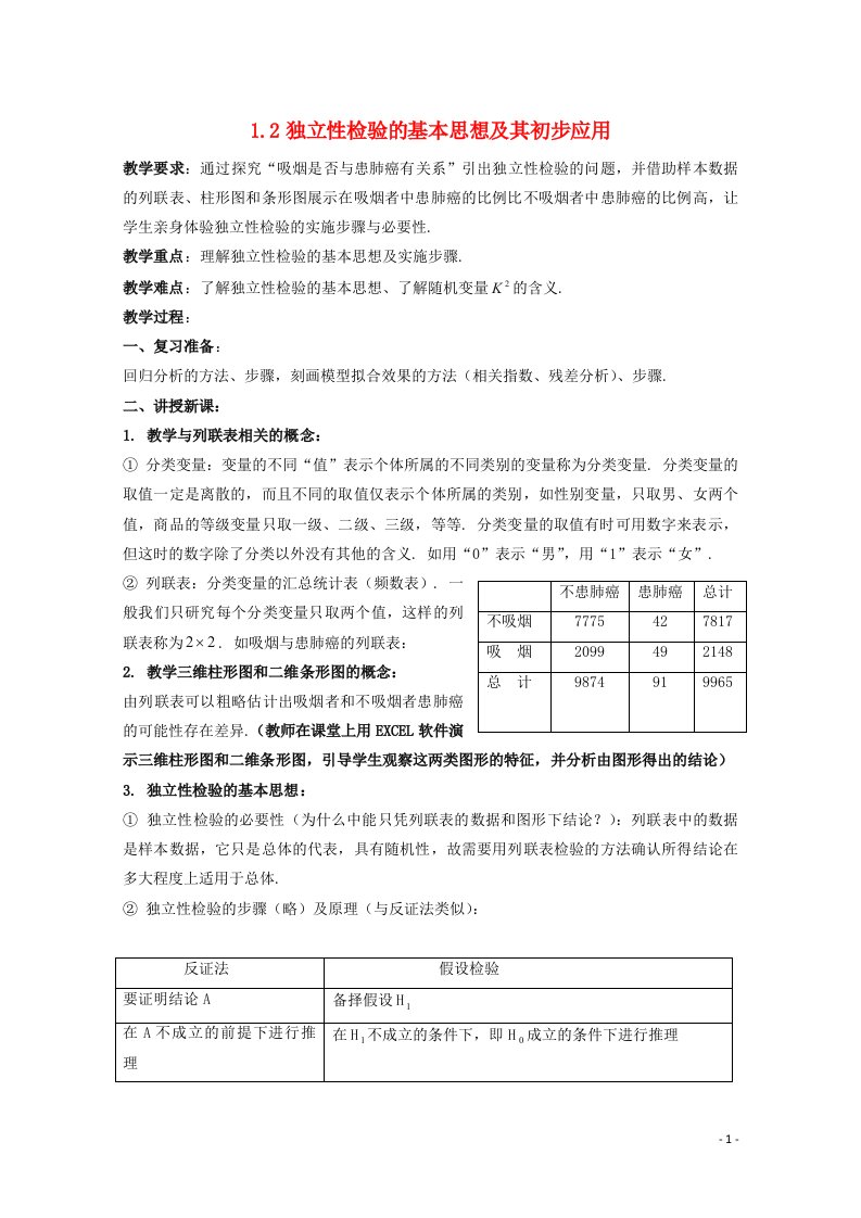 2021_2022学年高中数学第一章统计案例1.2独立性检验的基本思想及其初步应用教案3新人教A版选修1_2