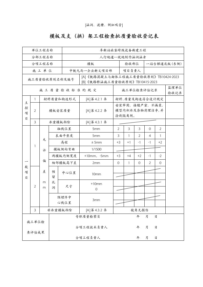 rj涵洞渡槽倒虹吸管模板及支拱架工程检验批质量验收记录表