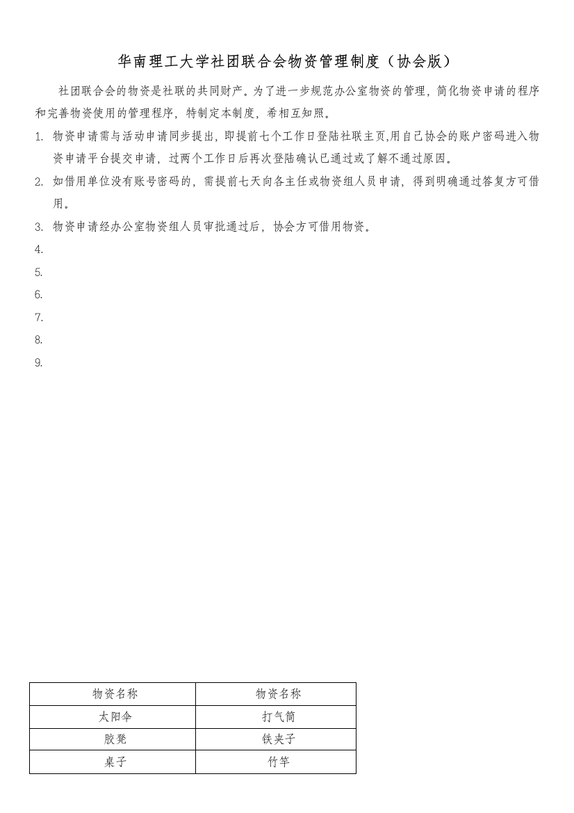 华南理工大学社团联合会物资管理制度(协会版)