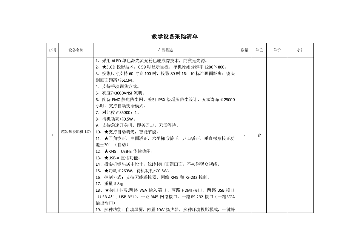 教学设备采购清单