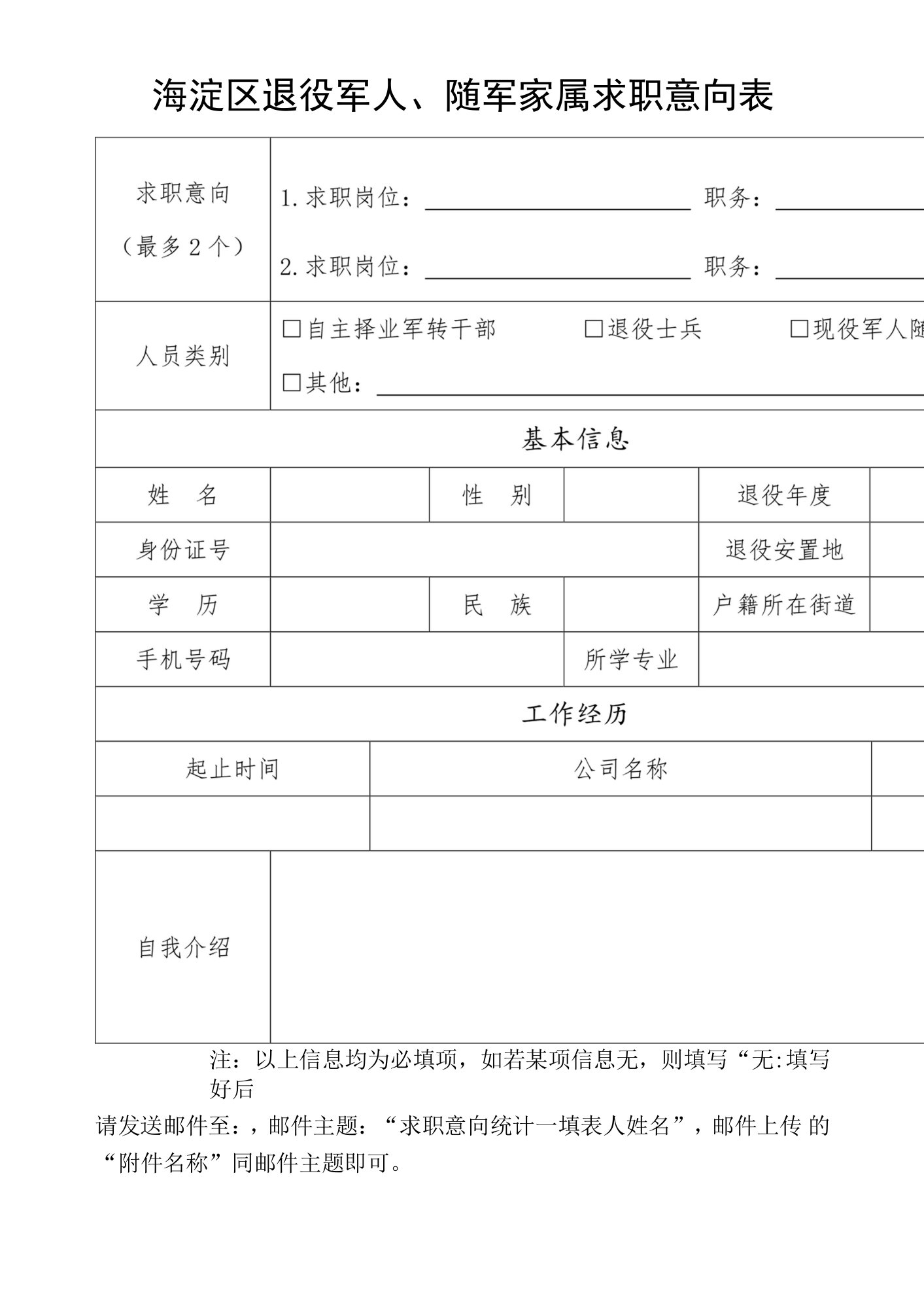 海淀区退役军人、随军家属求职意向表