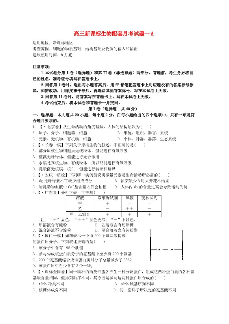 高三生物配套月考试题（一）（A卷）新课标