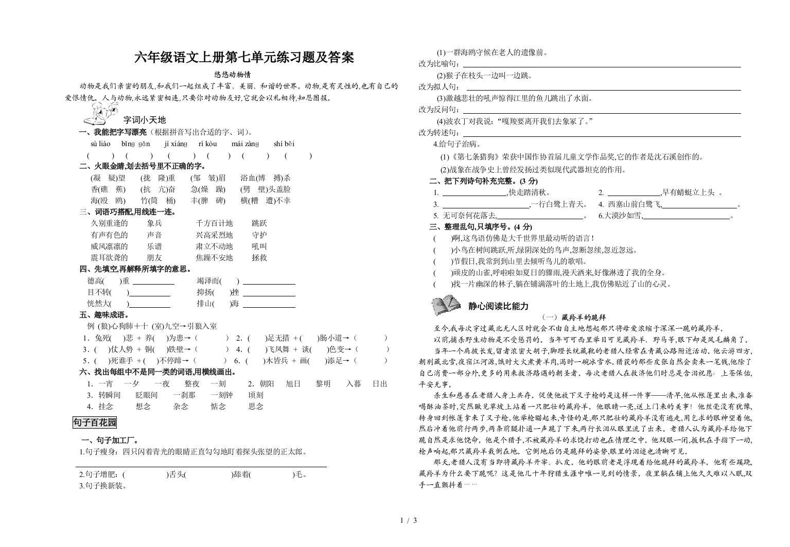 六年级语文上册第七单元练习题及答案