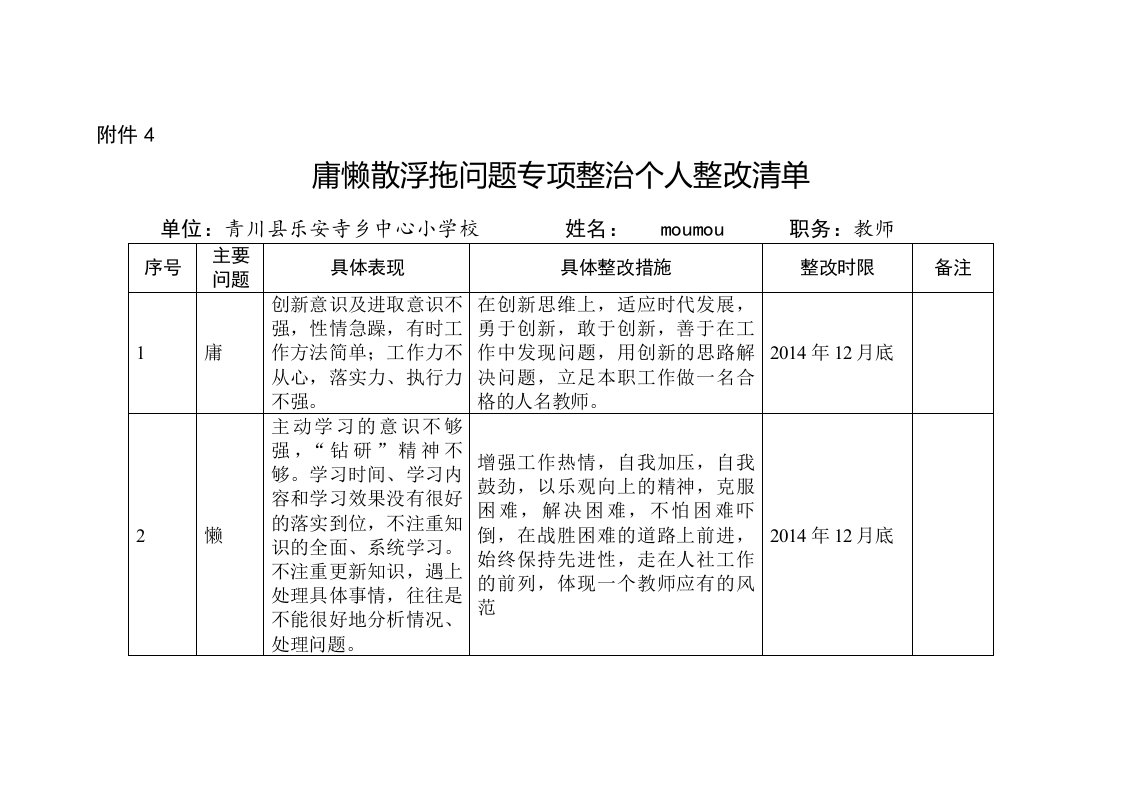 教师慵懒散浮拖个人整改清单11