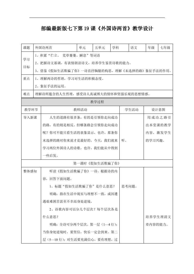 2018部编版语文七年级下册第19课《外国诗两首》教学设计