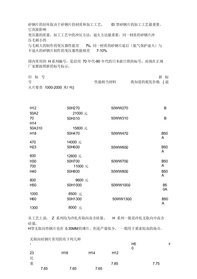 硅钢片性能及牌号对照