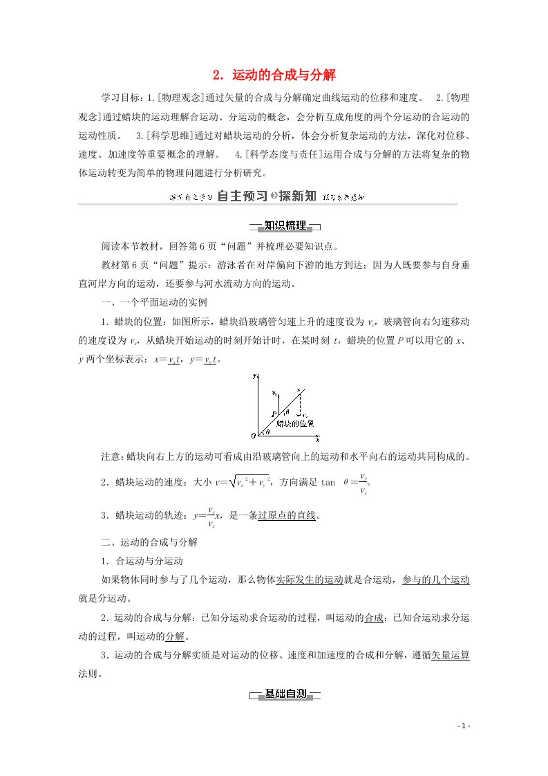 2020_2021学年新教材高中物理第5章抛体运动2运动的合成与分解学案新人教版必修第二册