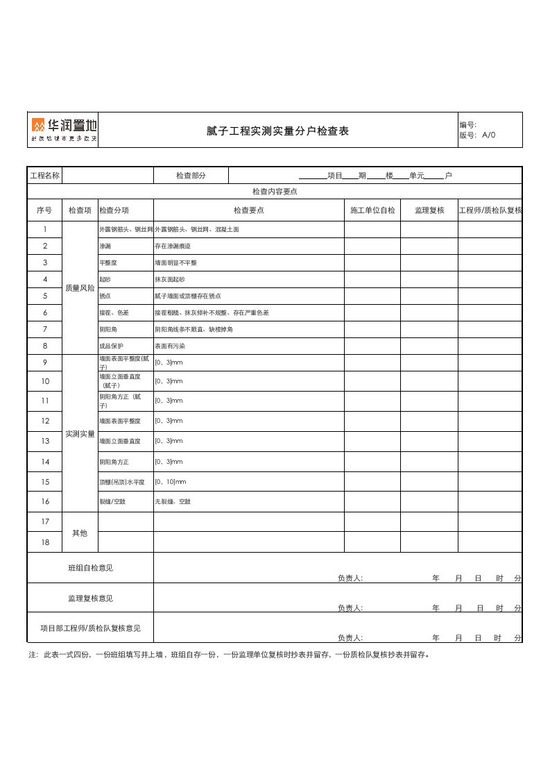 腻子工程实测实量分户检查表