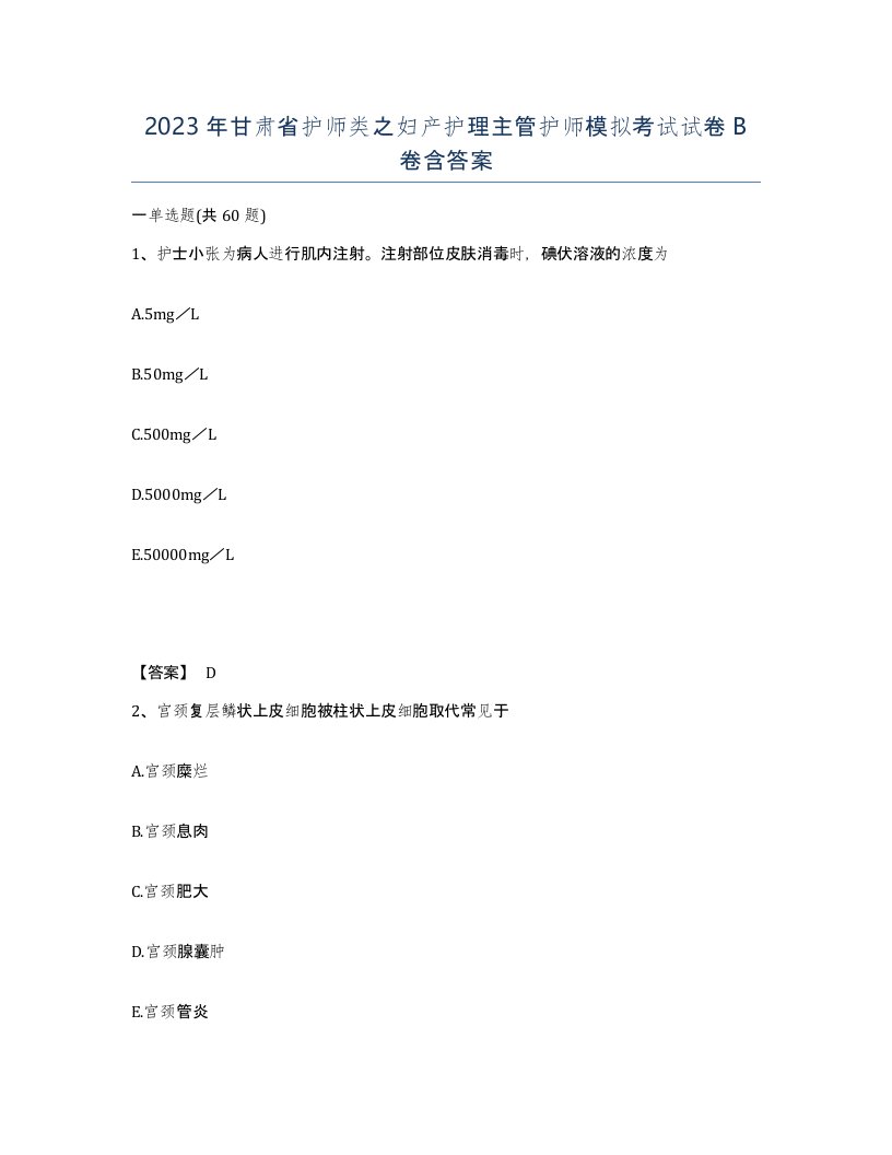 2023年甘肃省护师类之妇产护理主管护师模拟考试试卷B卷含答案