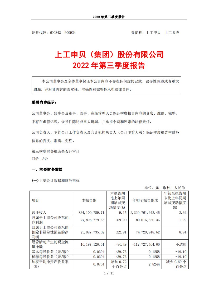 上交所-上工申贝2022年第三季度报告-20221028