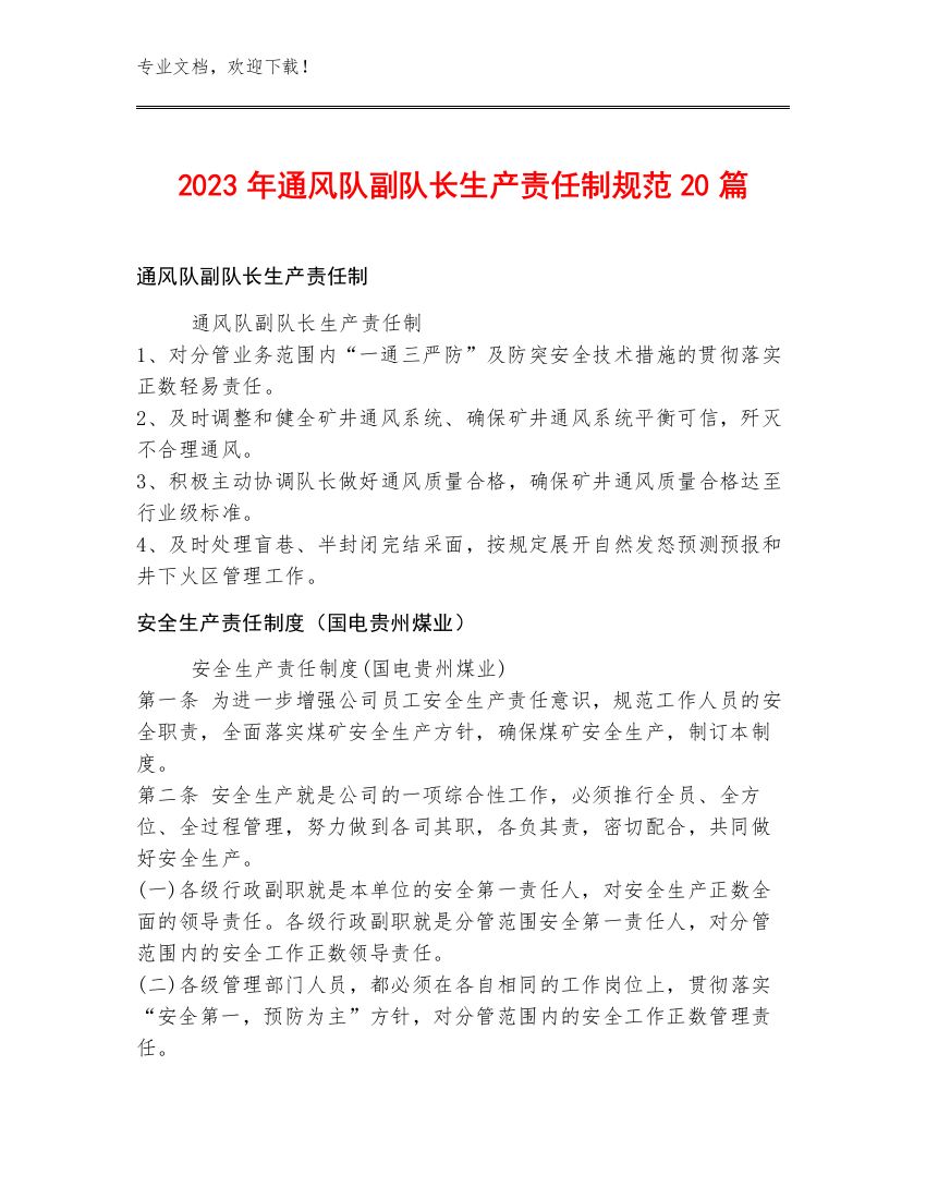 2023年通风队副队长生产责任制规范20篇