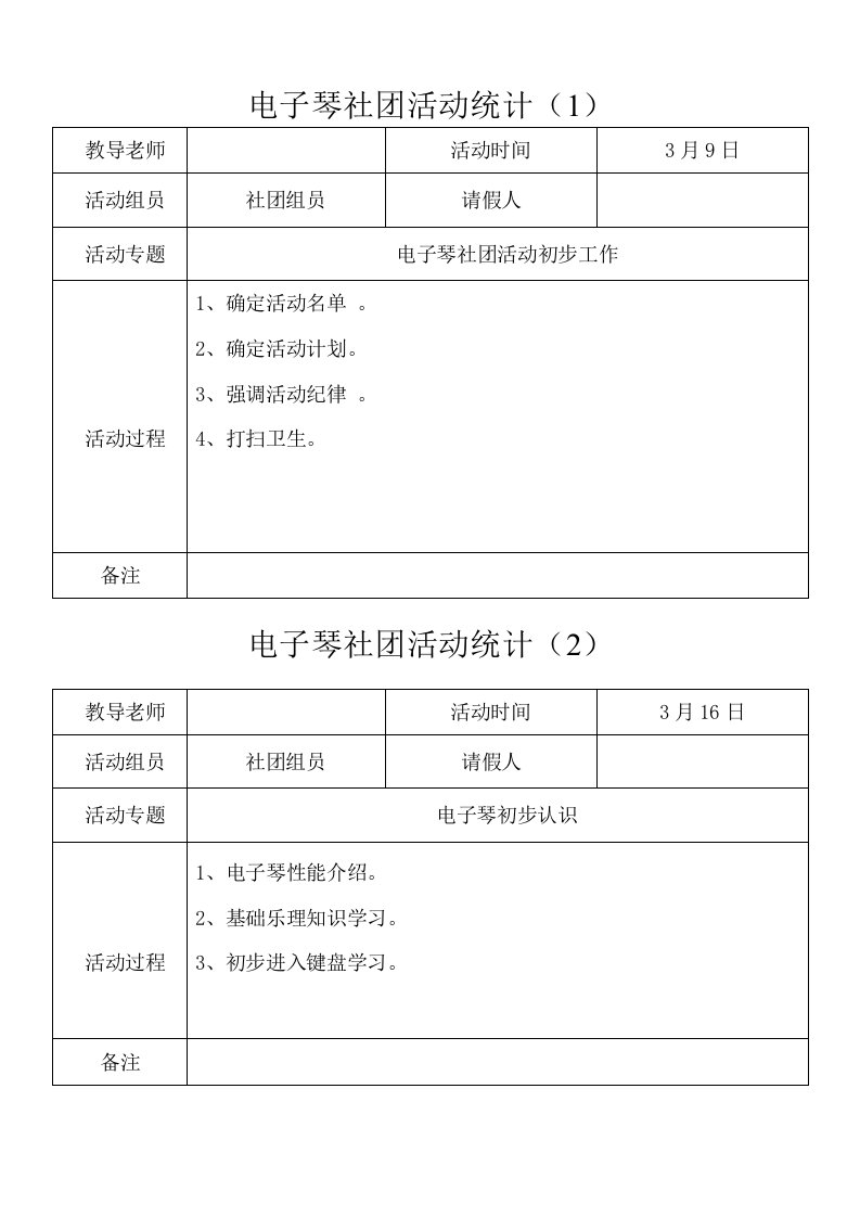 电子琴社团活动记录样稿