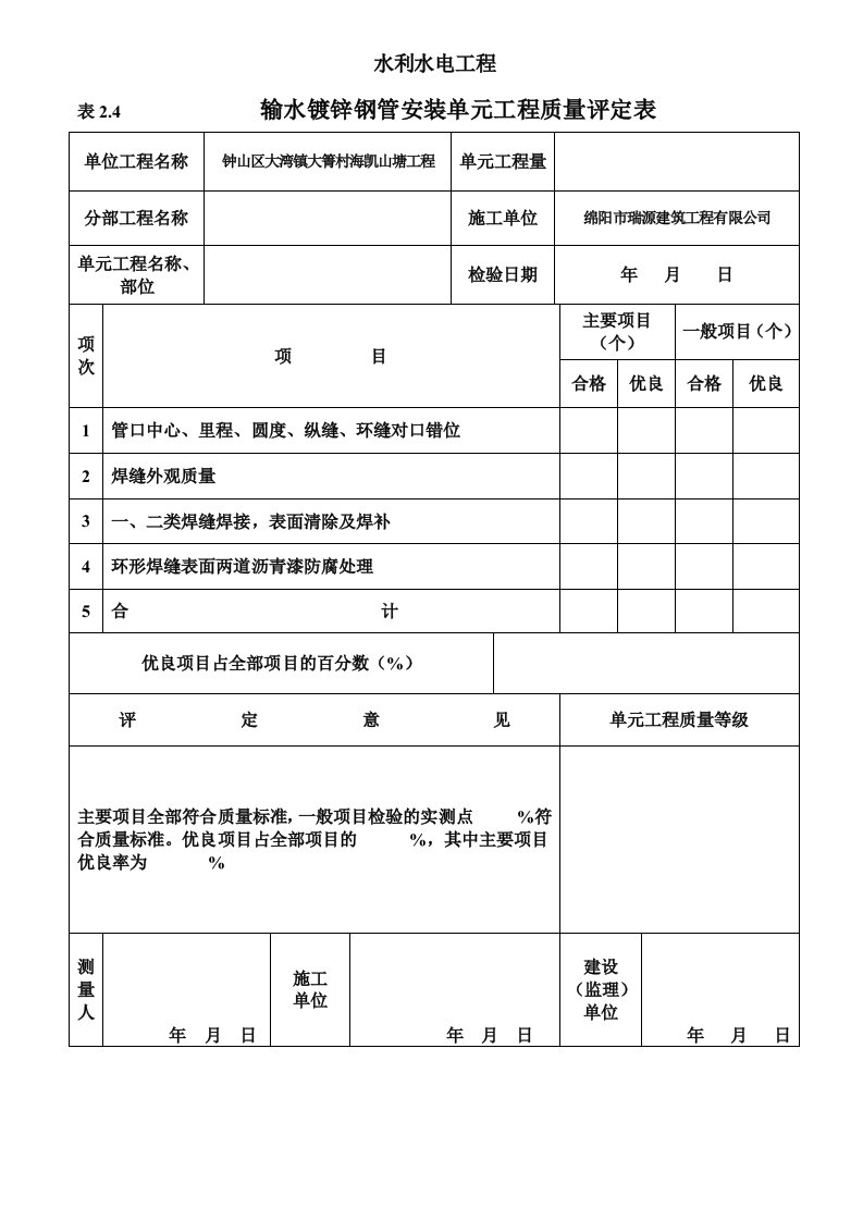 镀锌钢管质量评定表