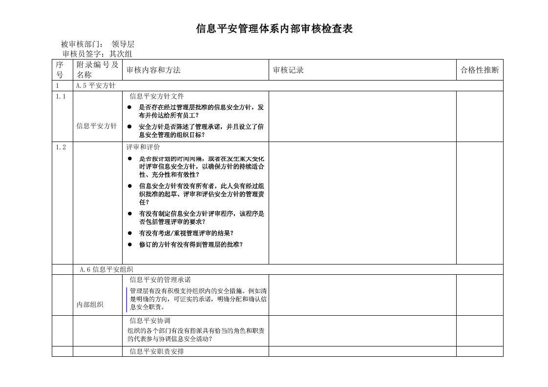 信息安全管理体系内部审核检查表总