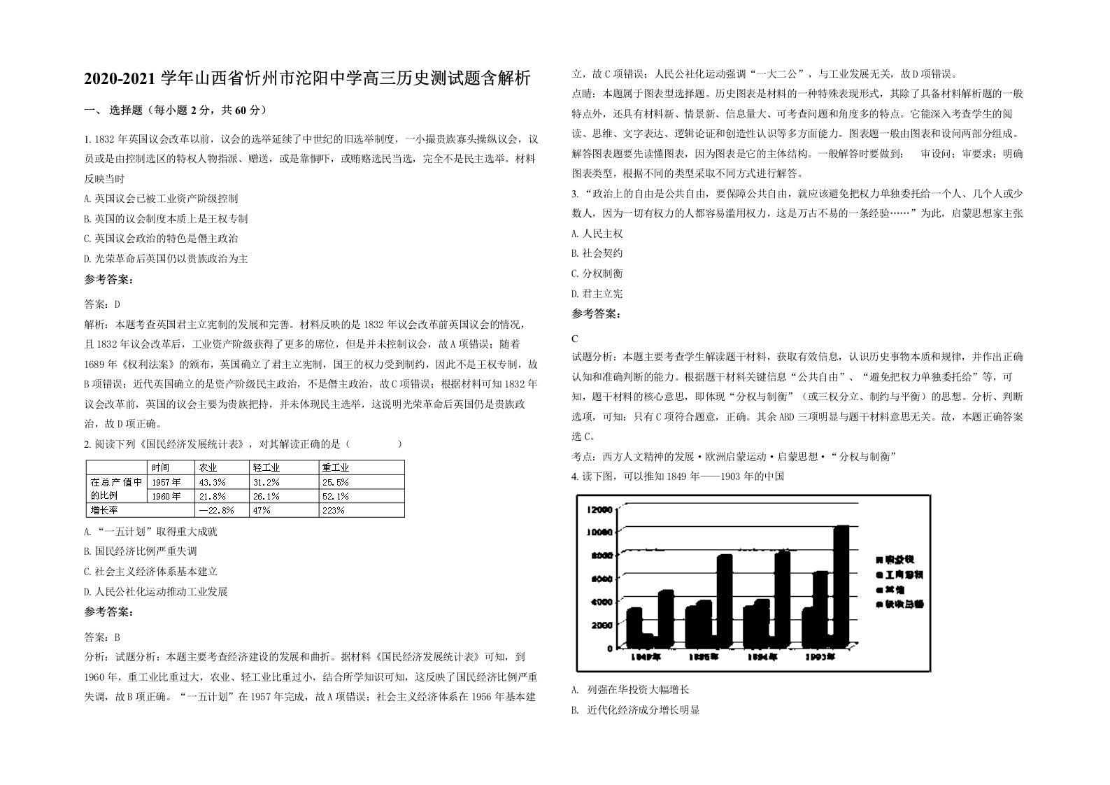 2020-2021学年山西省忻州市沱阳中学高三历史测试题含解析