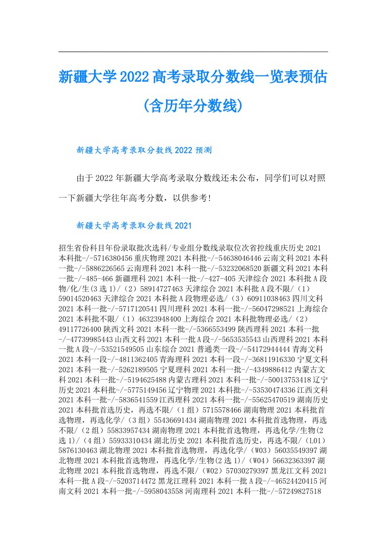 新疆大学高考录取分数线一览表预估(含历年分数线)