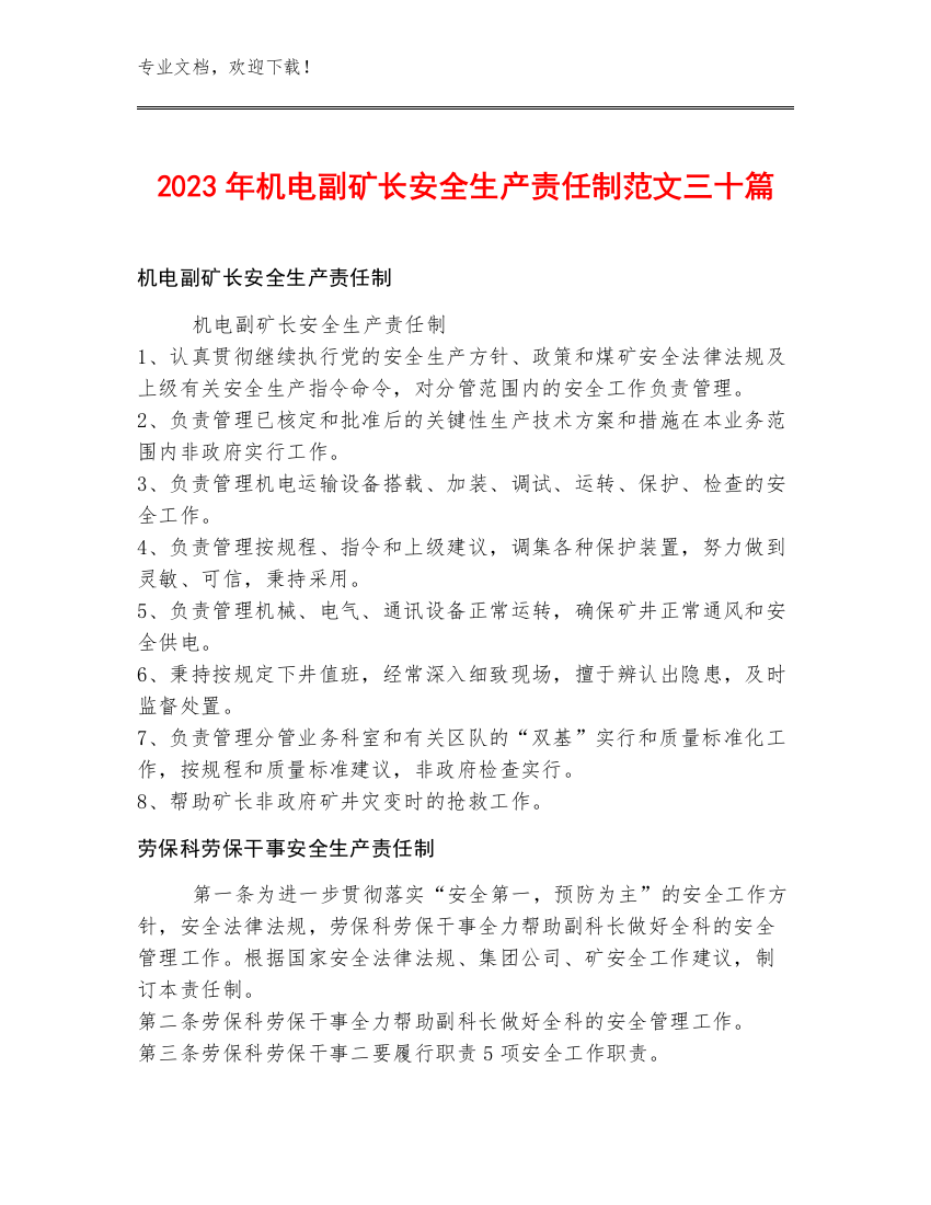 2023年机电副矿长安全生产责任制范文三十篇