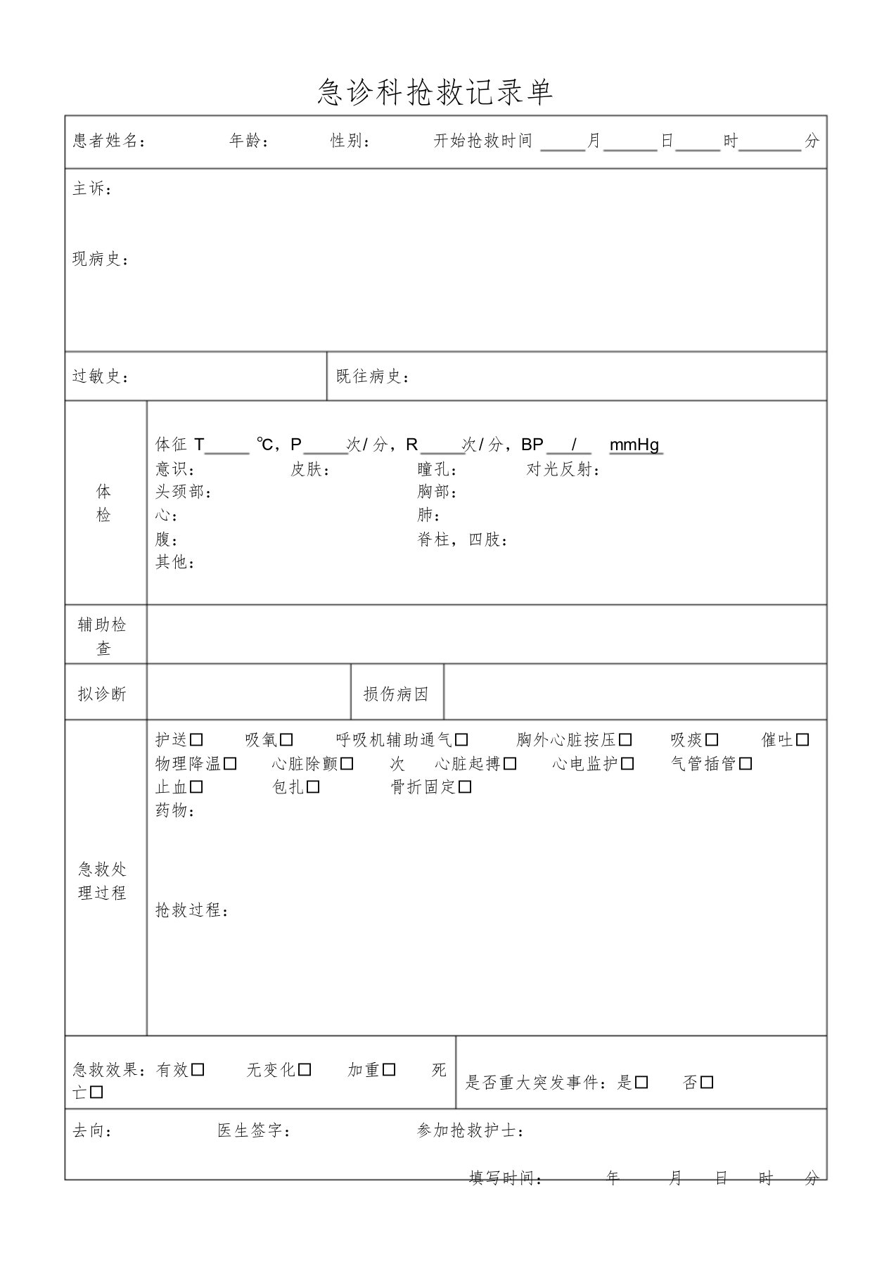 急诊科抢救记录单