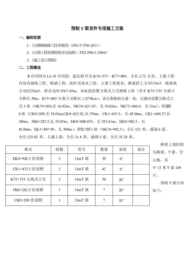 预制T梁首件施工方案