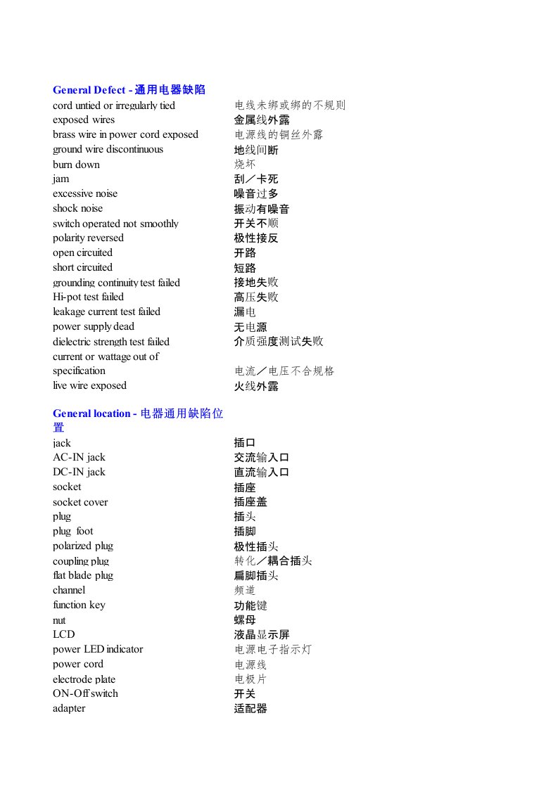 electric验货缺陷中英文对照