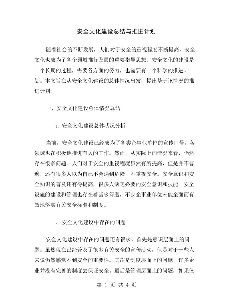 安全文化建设总结与推进计划