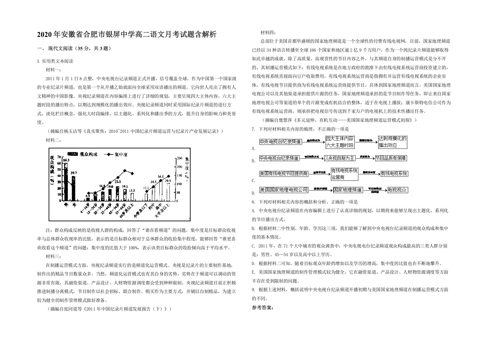 2020年安徽省合肥市银屏中学高二语文月考试题含解析